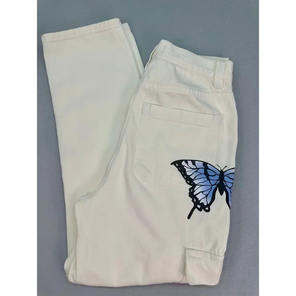 PacSun Sketchbook High Rise Carpenter Cargo Jeans Cream Graphic Doodle Size 27 - Picture 7 of 12